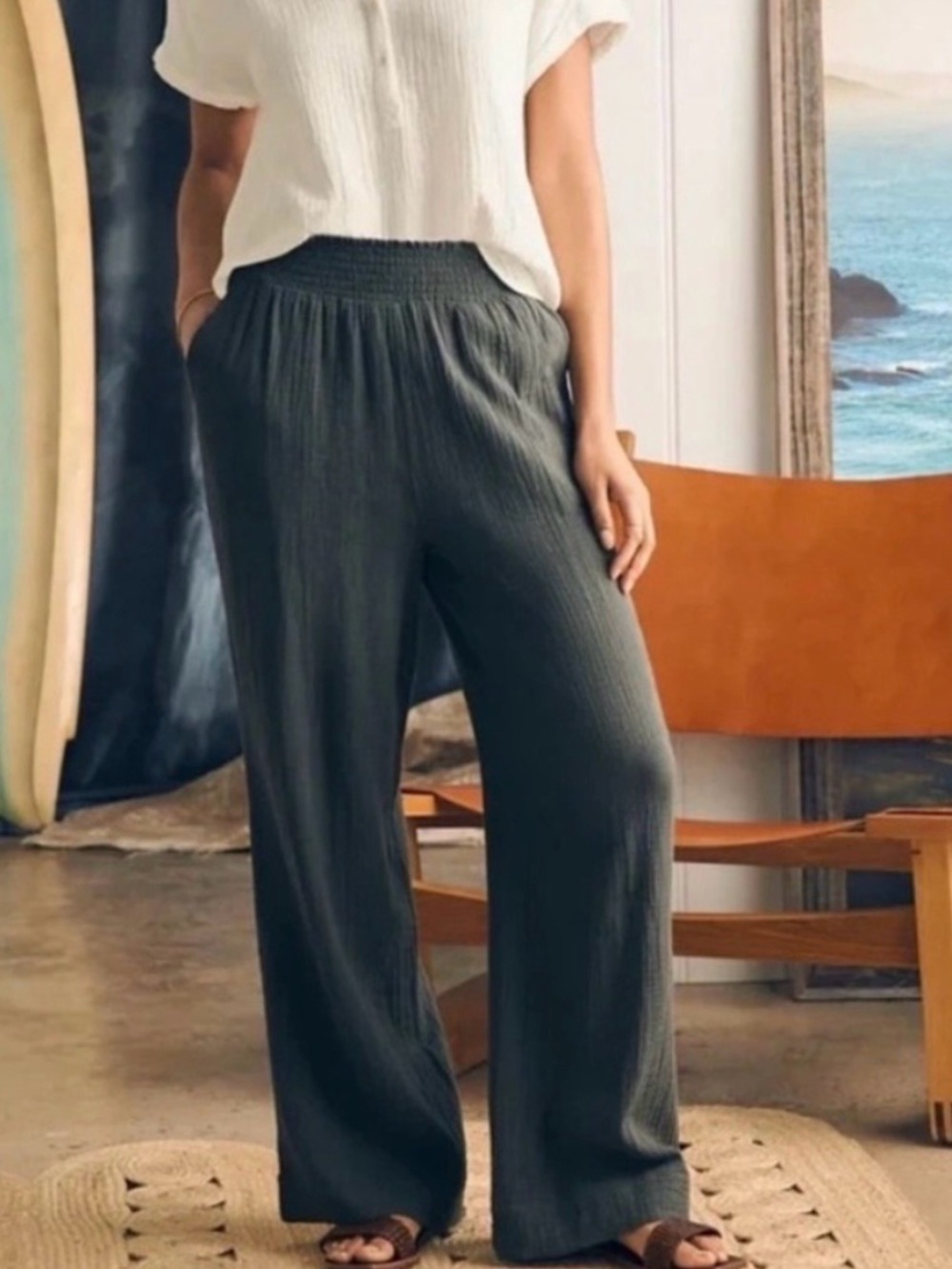 Faherty Wide-Leg Organic Cotton Gauze Pants — Charcoal